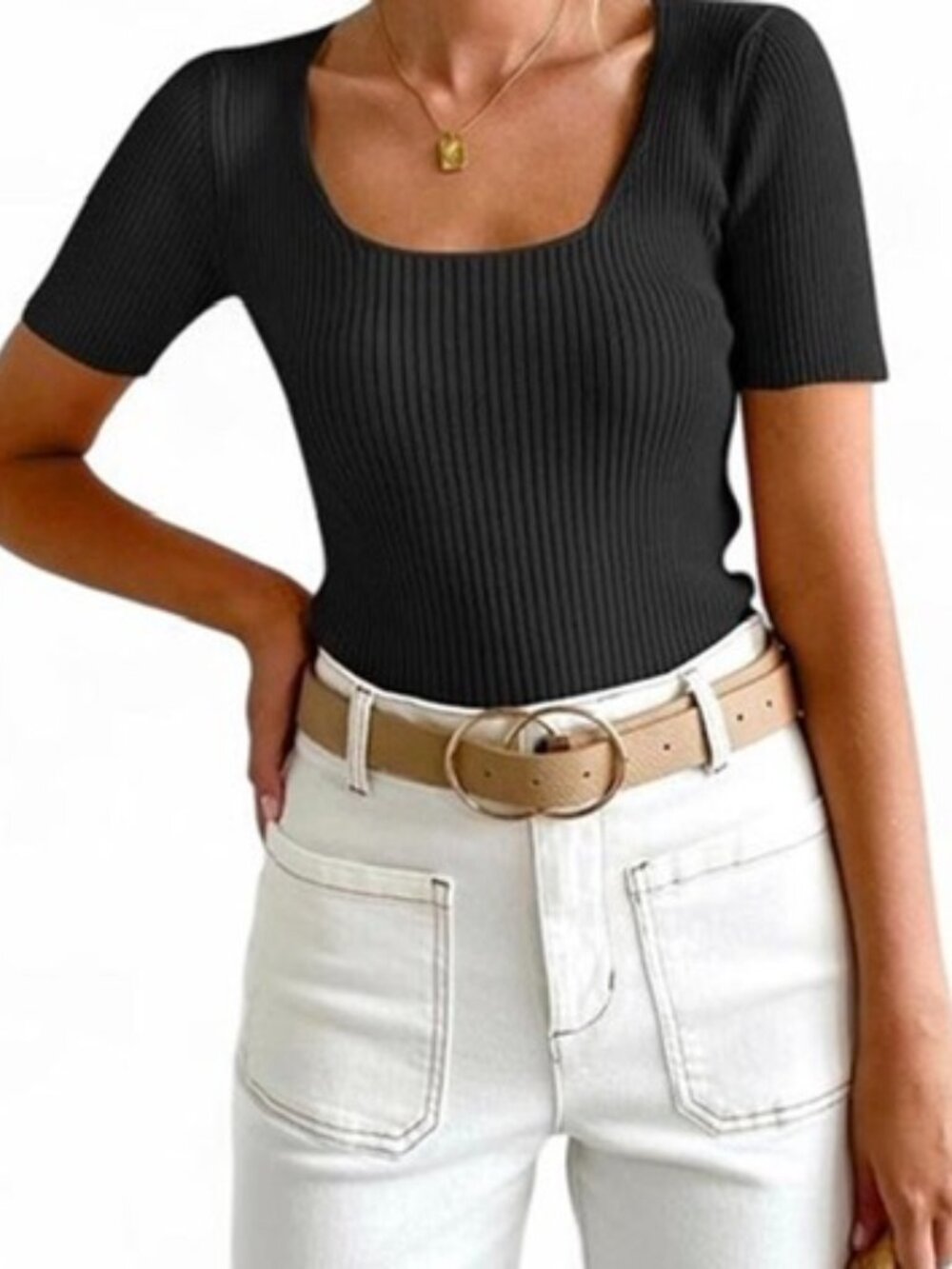 ZESICA Black Square Neck Ribbed Knit Top Slim Fit - Size XS